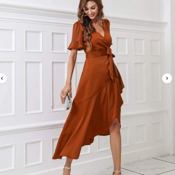 Terra Cotta Faux Wrap style Midi Dress - M - Picture 7 of 12